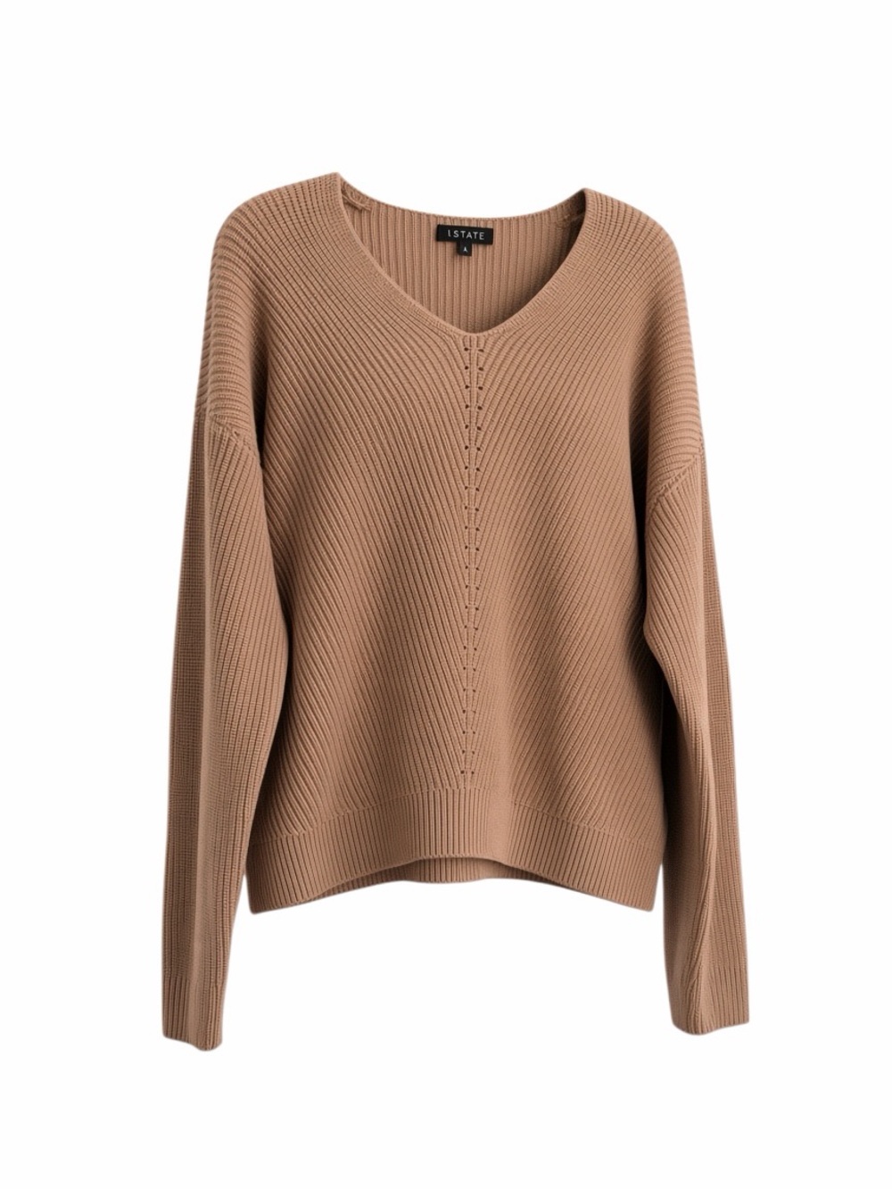 1. State Women's Camel Ribbed V-Neck Sweater